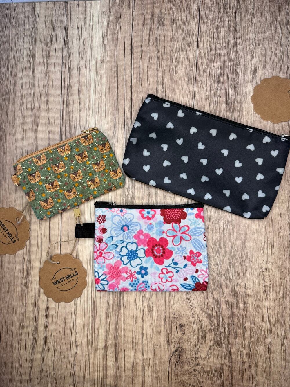 Set of 3 Coin Purses Small Accessory Bags Cats Flowers Hearts Cute Set